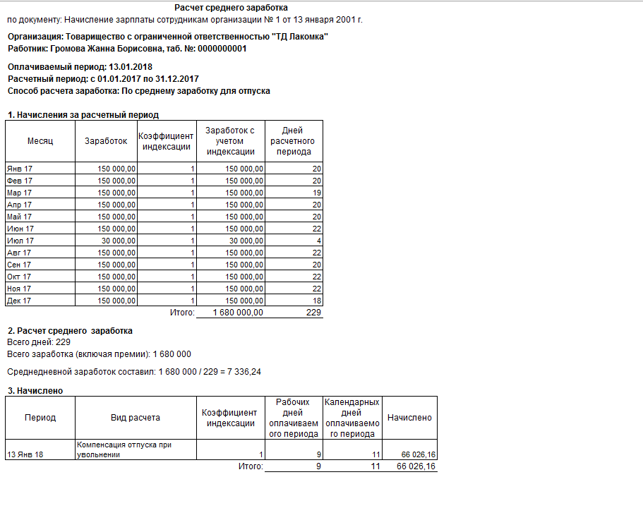 Образец расчета увольнения